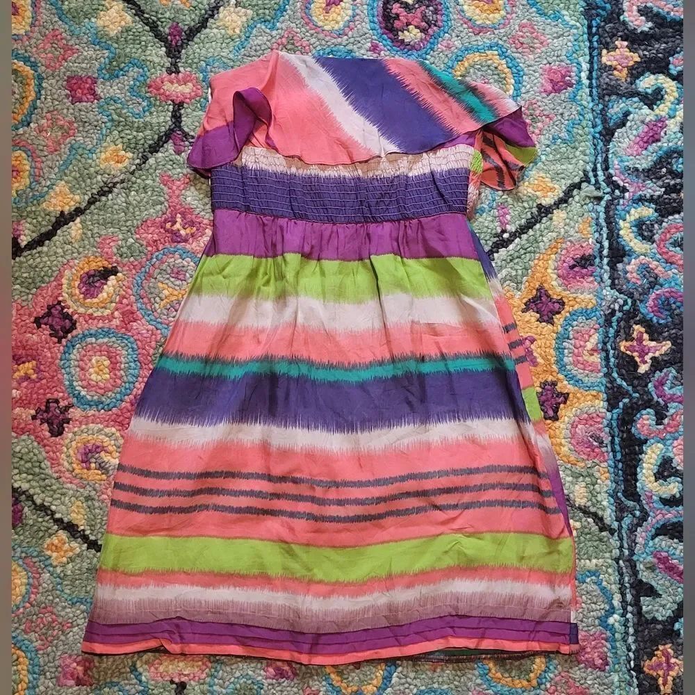 Shoshanna Strapless Watercolor Striped Silk Dress Colorful 0